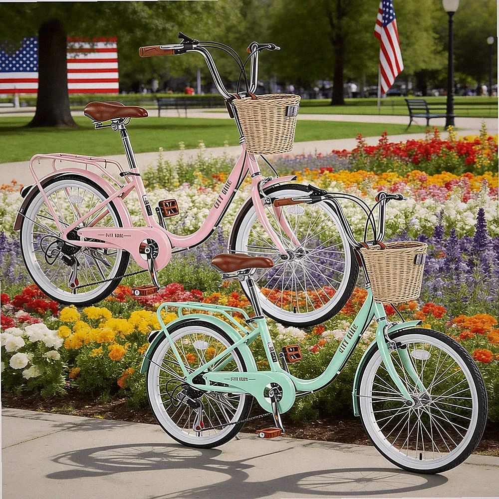 22 In Girls City Bicycle - 7 Speed with Basket, Steel Frame Multi-Color Options