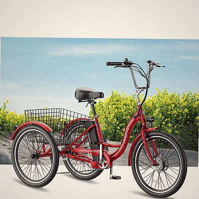 Adult Electric Trike Tricycle 350W 10AH36V Lithium Battery Large Basket Wine Red